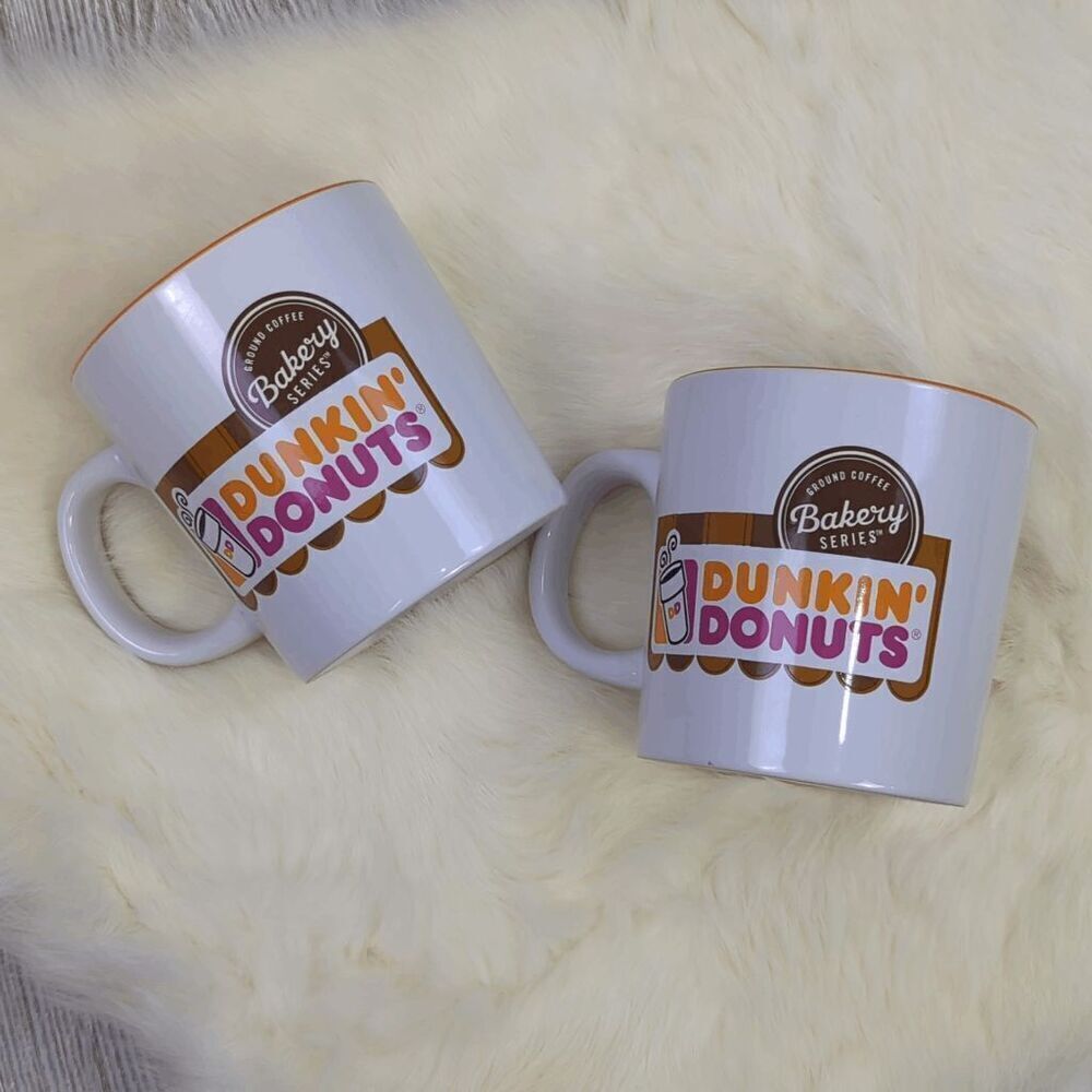 Lot of 2 Dunkin Donuts White Orange Interior Bakery Series Mugs Coffee Tea